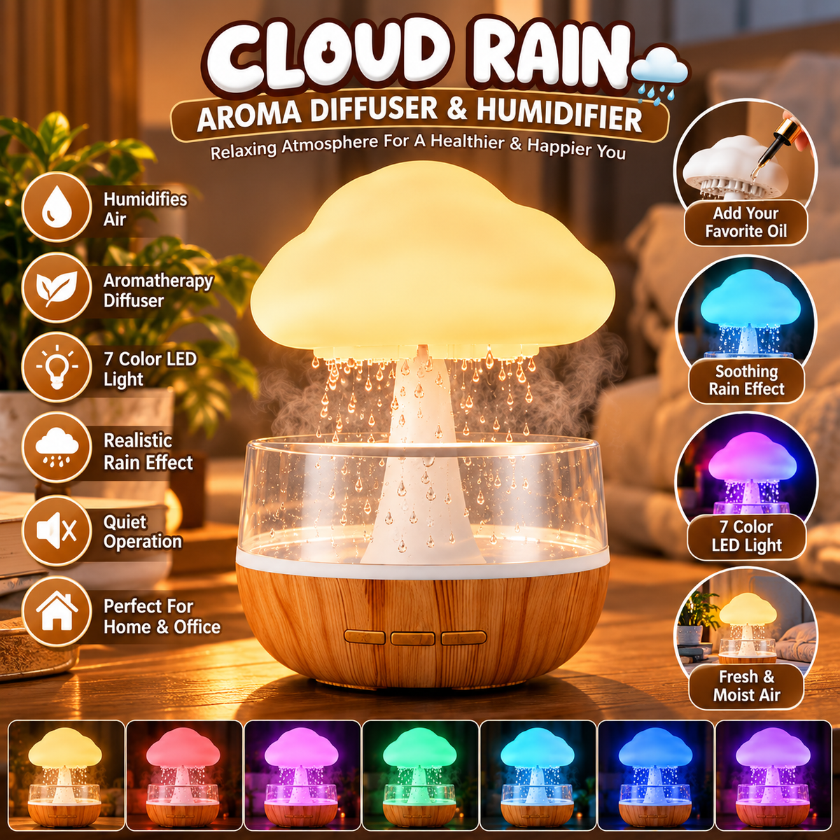 ☁️ Rechargeable Cloud Rain Aroma Diffuser & LED Humidifier