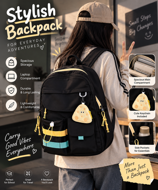 Stylish Black Backpack with Blue & Yellow Stripes