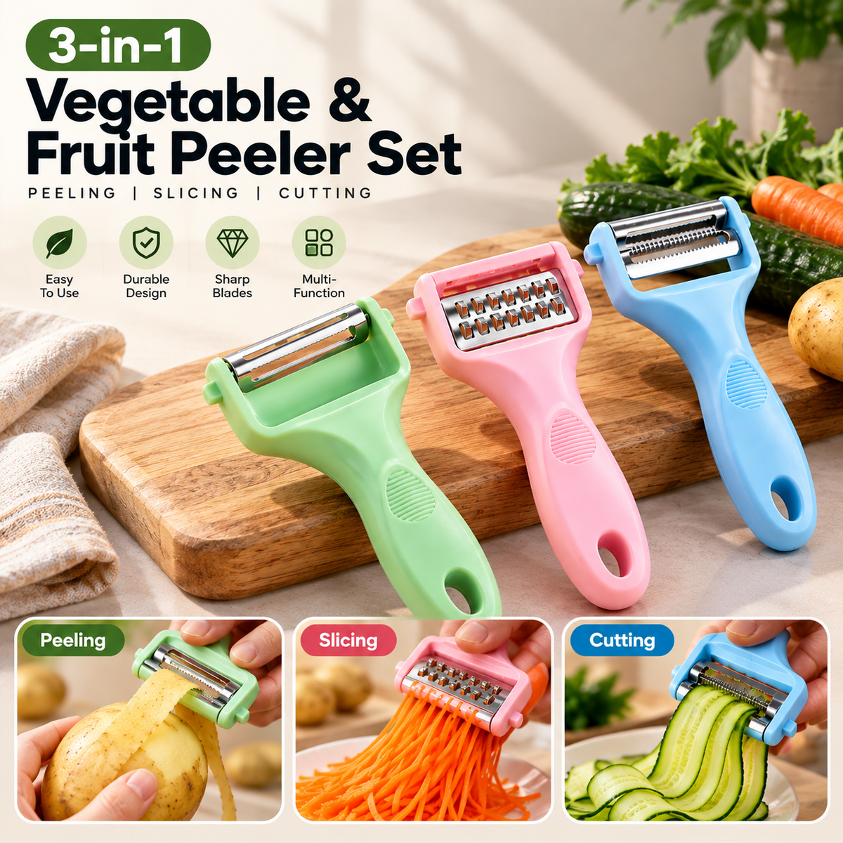 3-in-1 Vegetable & Fruit Peeler Set
