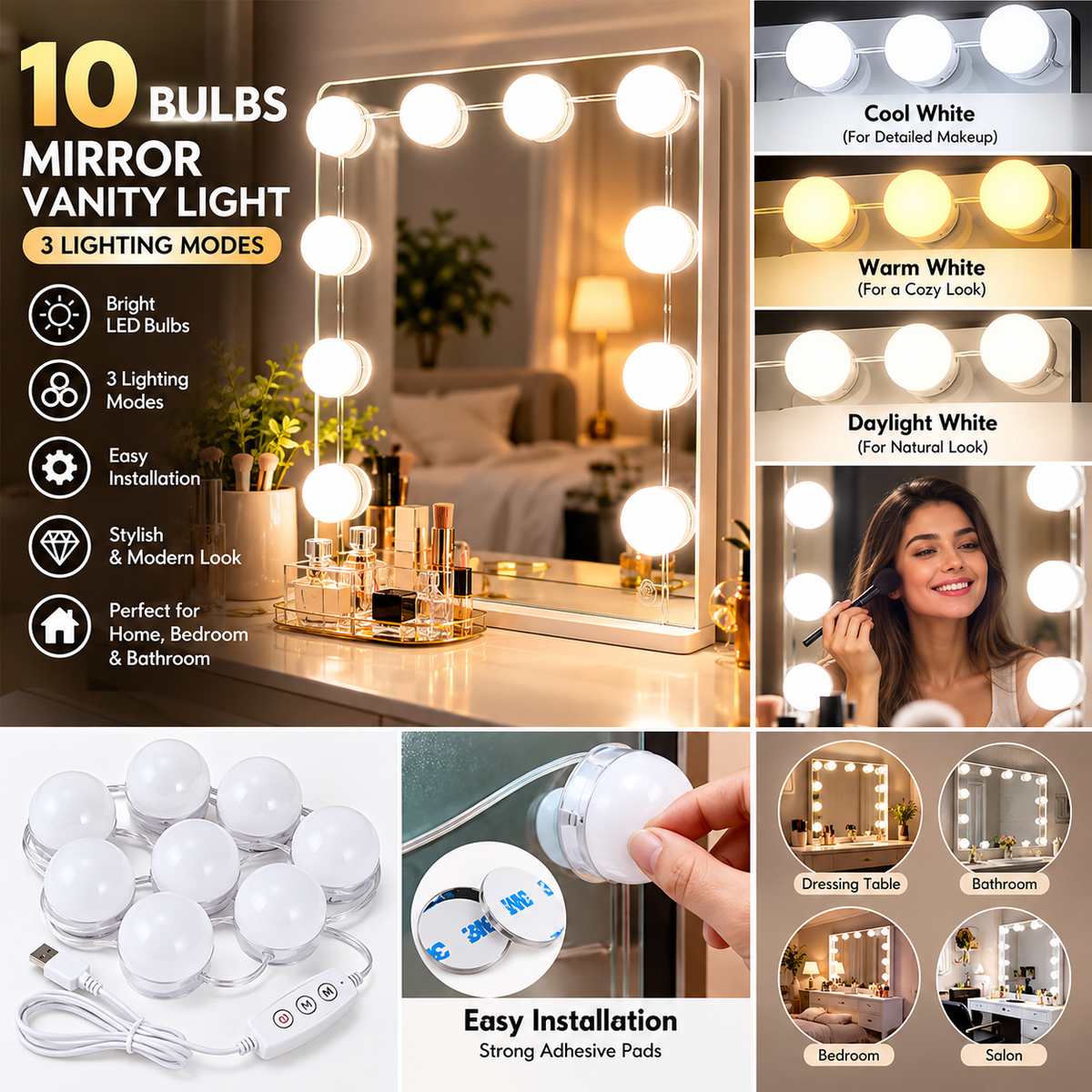 💡 10 Bulbs Mirror Vanity Light – 3 Modes