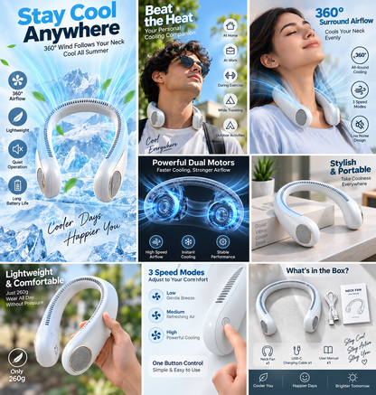 Portable Bladeless Neck Fan – USB Rechargeable Hands-Free Cooling Fan