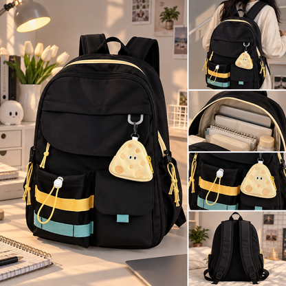 Stylish Black Backpack with Blue & Yellow Stripes