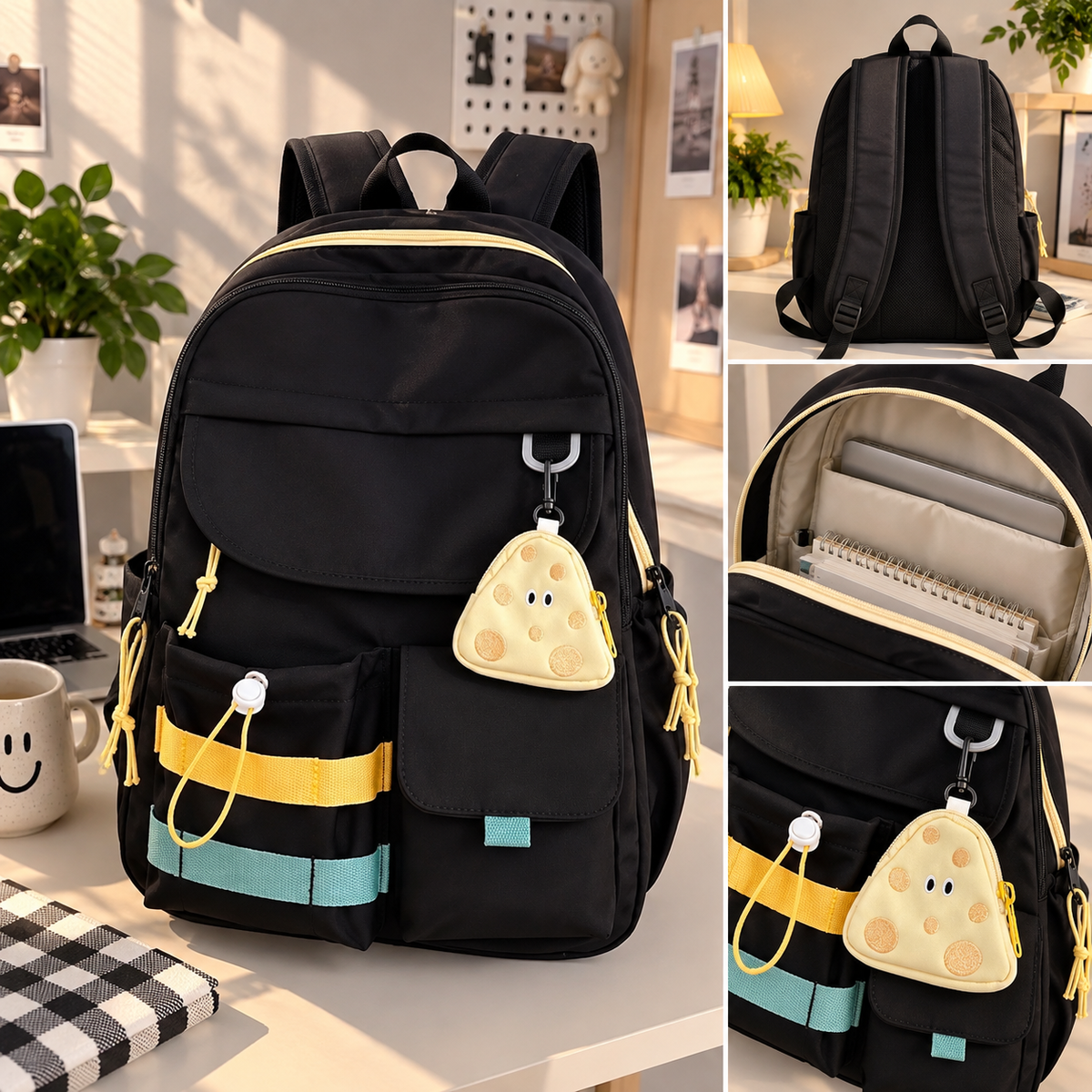 Stylish Black Backpack with Blue & Yellow Stripes