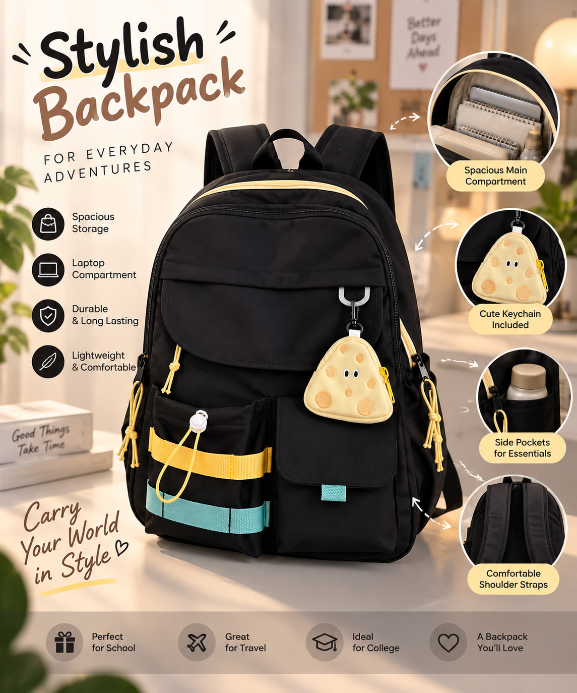 Stylish Black Backpack with Blue & Yellow Stripes