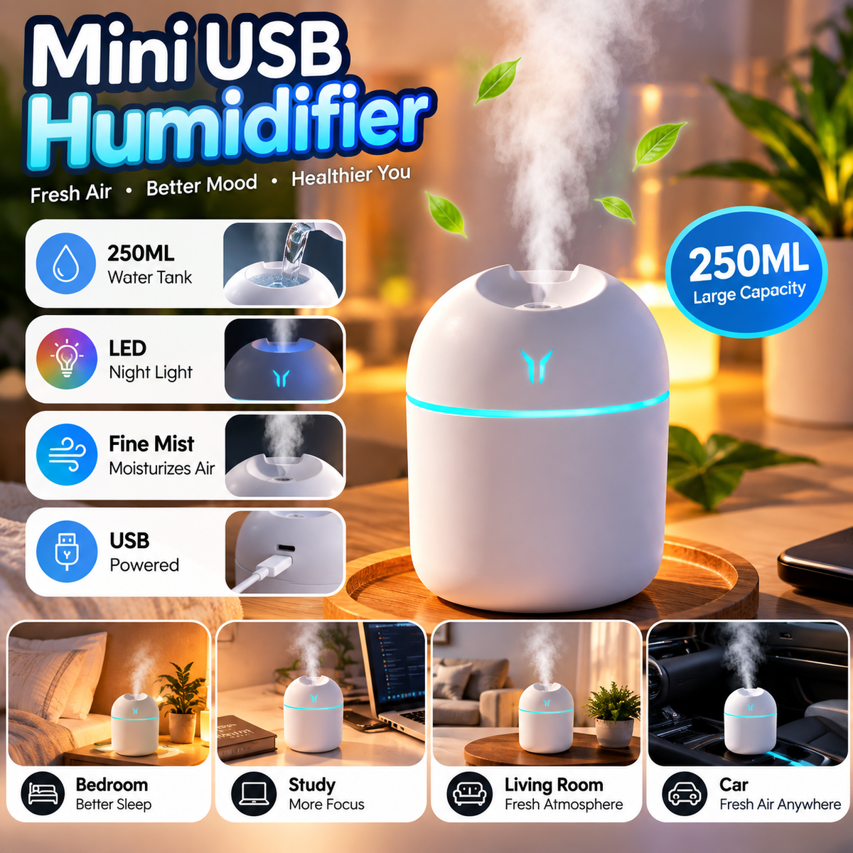 Portable Mini USB Humidifier – 250ML Cool Mist & LED Night Light