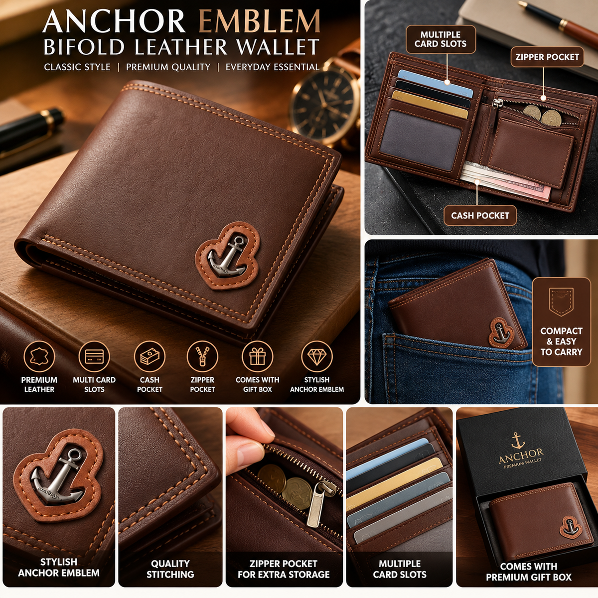 Anchor Emblem Bifold Wallet for Men