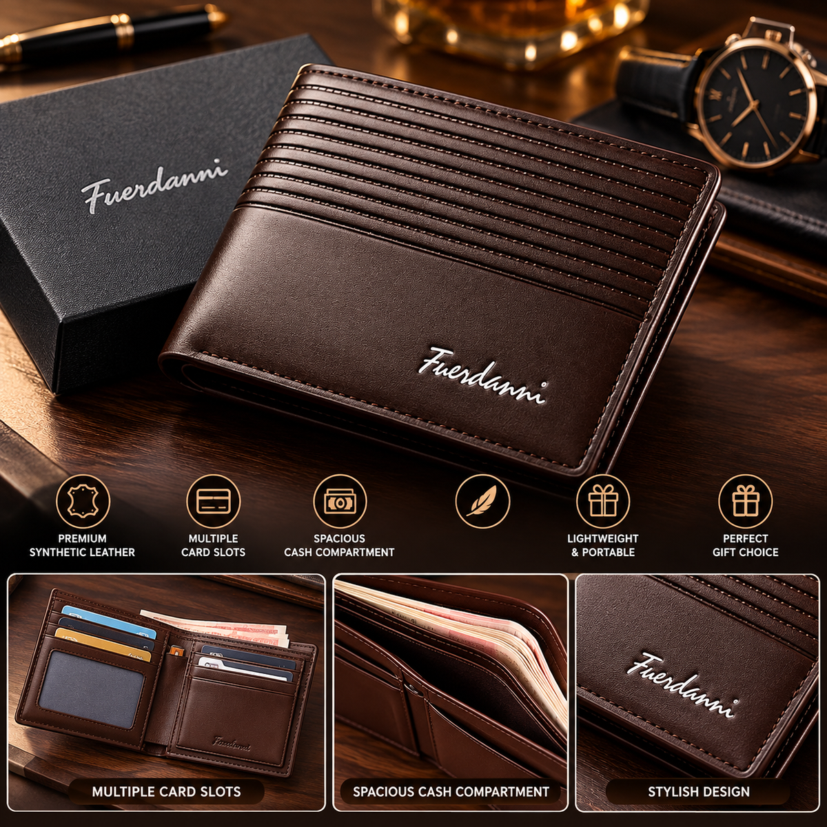 Fuerdanni Men's Brown Bifold Wallet