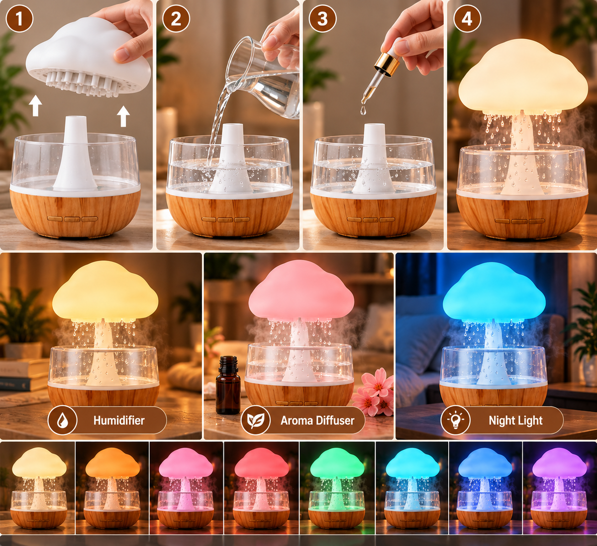 ☁️ Rechargeable Cloud Rain Aroma Diffuser & LED Humidifier
