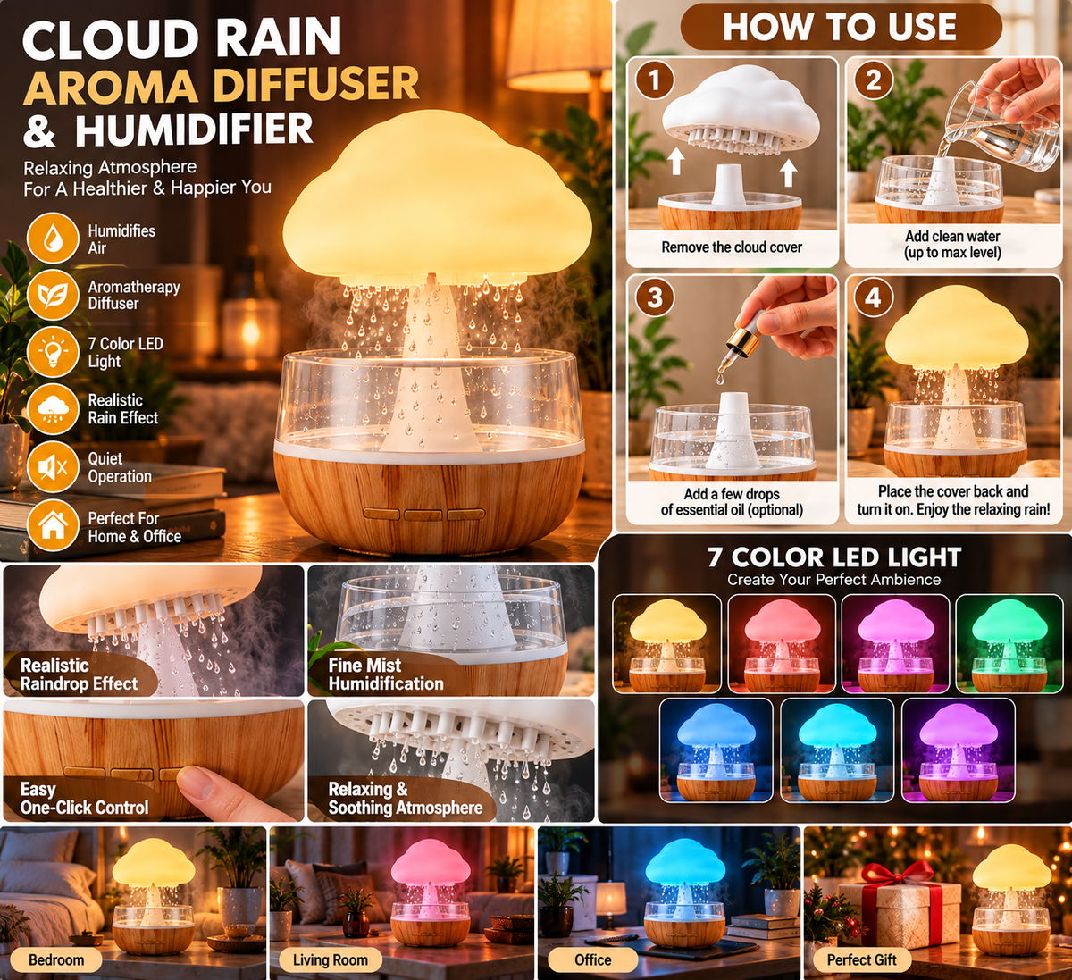 ☁️ Rechargeable Cloud Rain Aroma Diffuser & LED Humidifier