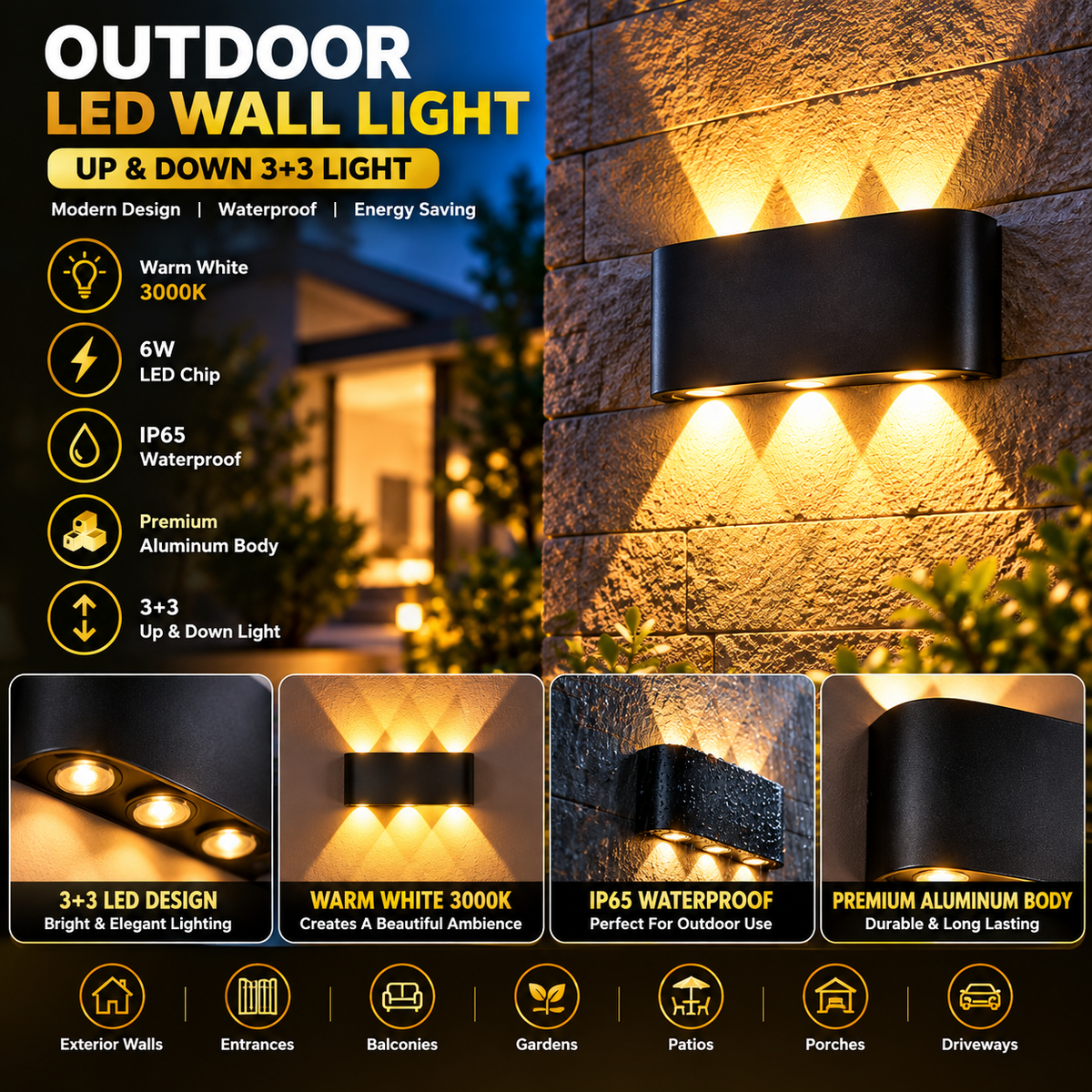 💡 Outdoor Waterproof Up & Down 3+3 LED Wall Light