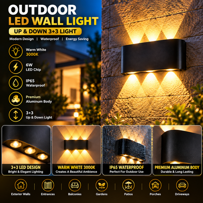 💡 Outdoor Waterproof Up & Down 3+3 LED Wall Light