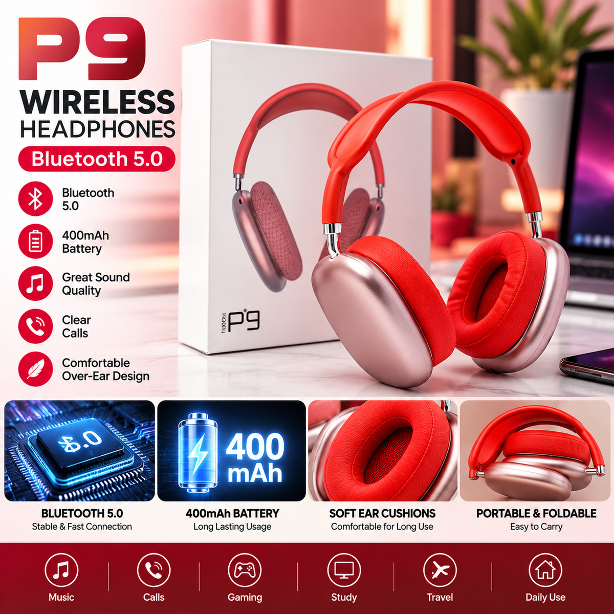 🎧 P9 Bluetooth 5.0 Wireless Headphones – 400mAh Battery