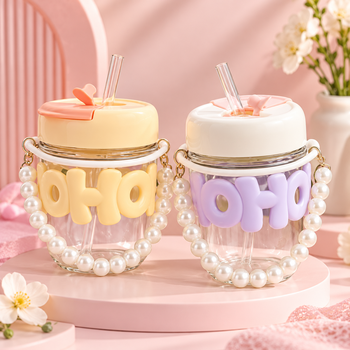 Trendy Pearl Handle Glass Water Bottle