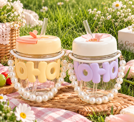 Trendy Pearl Handle Glass Water Bottle
