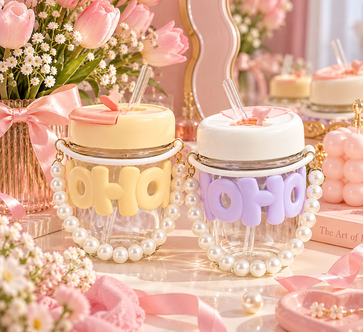 Trendy Pearl Handle Glass Water Bottle