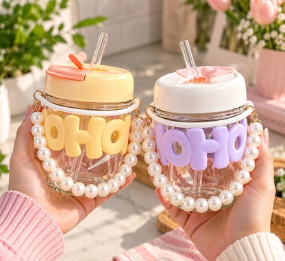 Trendy Pearl Handle Glass Water Bottle