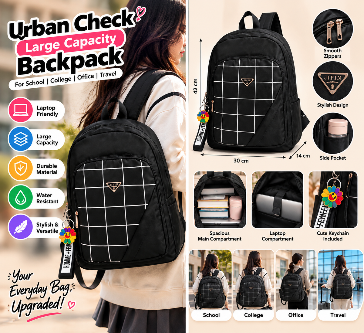 🎒✨ Urban Check Large Capacity Backpack